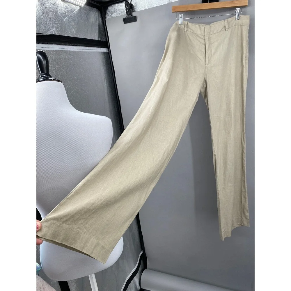 Zara Woman 100% Linen Wide Leg Trousers Pants Tan Beige Size 8 Minimalist Boho